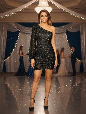 Sparkly Black Short Dress Prom Formal One Sleeve Bodycon Lined Size L / 8-10 NEW